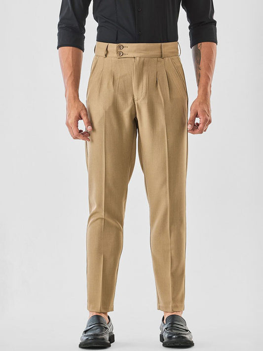 Men Straight Fit Easy Wash Pleated Sleek Utility Formal Trousers