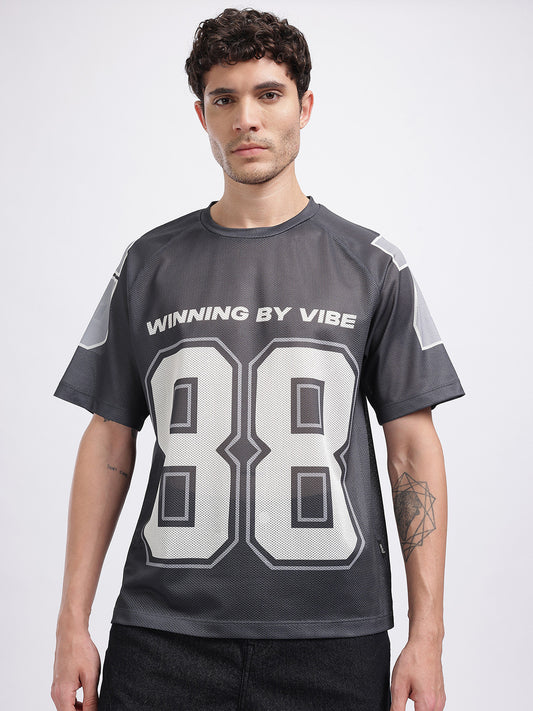 Typography Printed Raglan Sleeves T-shirt with Mesh Inserts