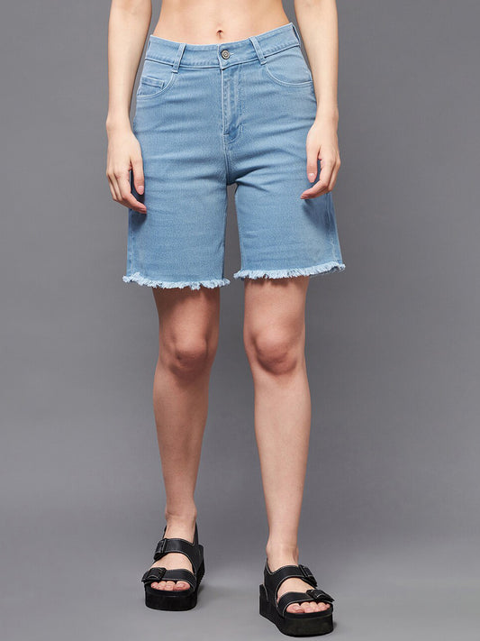 Women Blue Mid-Rise Frayed Denim Shorts