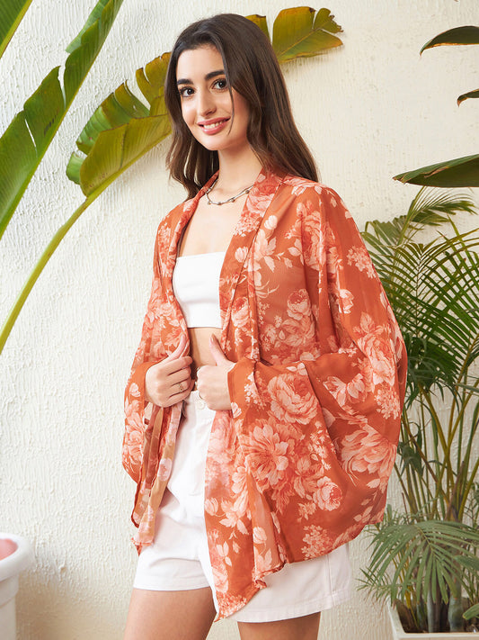 Rust Floral Printed Kimono Shrug