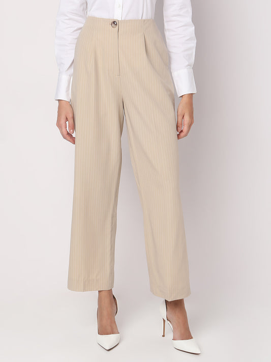 Women Striped Straight Fit High-Rise Pleated Trousers