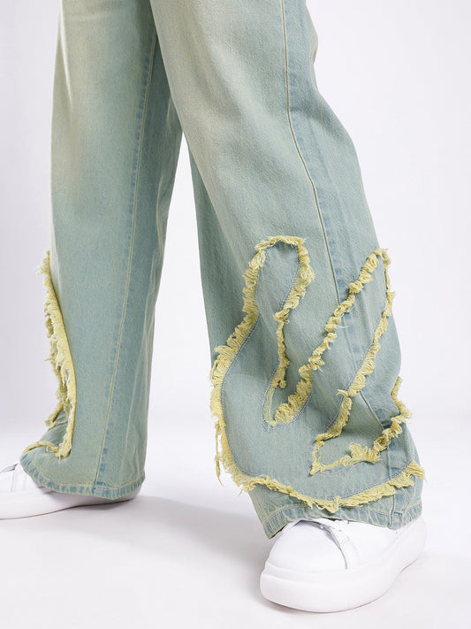 Women Frayed Detail Wide Leg High-Rise Heavy Fade Jeans