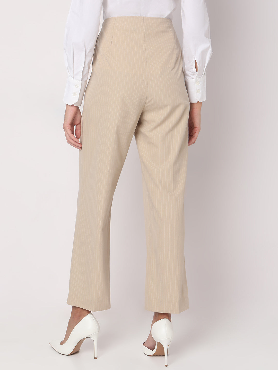 Women Striped Straight Fit High-Rise Pleated Trousers