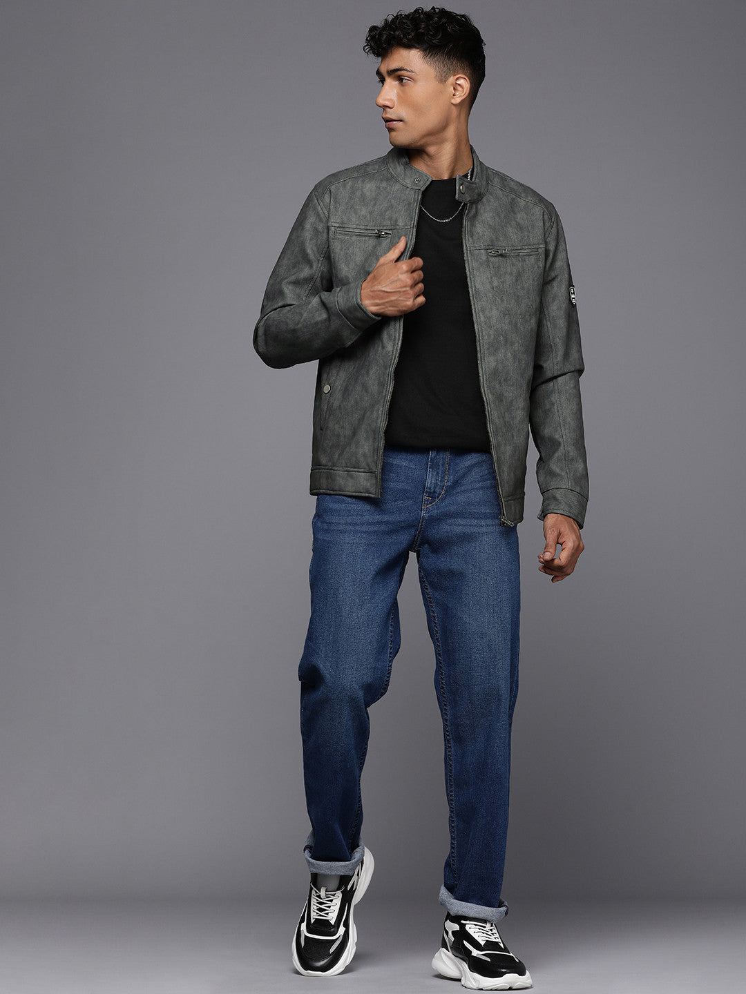 Solid Slim Fit Leather Jacket