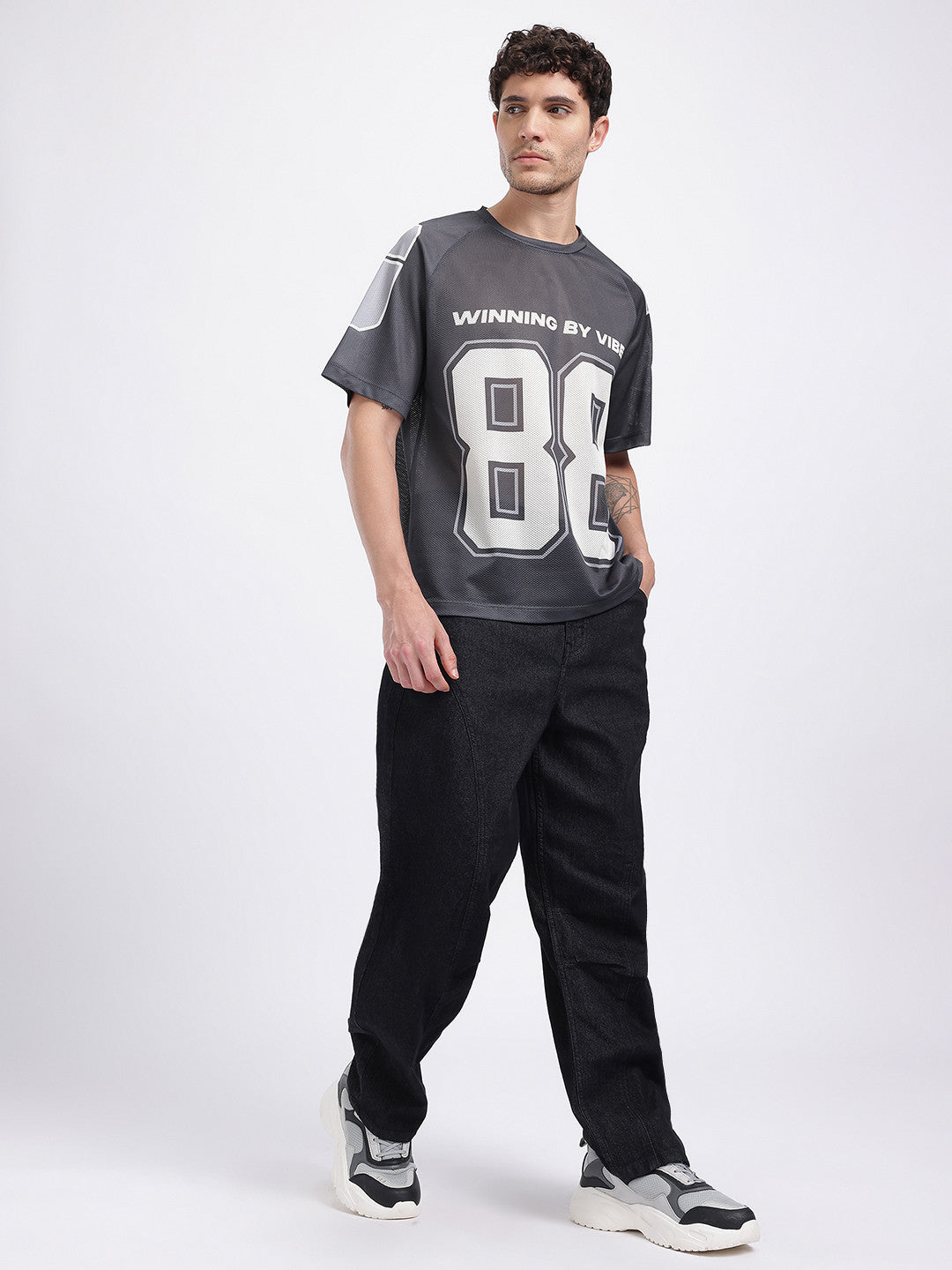 Typography Printed Raglan Sleeves T-shirt with Mesh Inserts