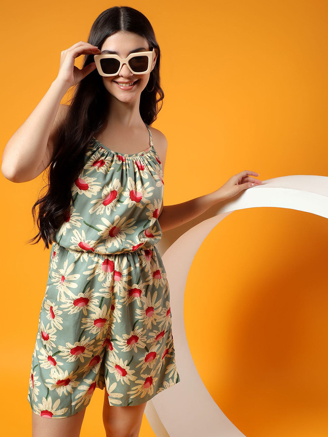 Women Floral Printed Shoulder Straps Playsuit