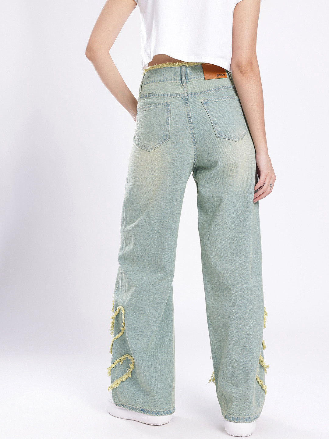 Women Frayed Detail Wide Leg High-Rise Heavy Fade Jeans