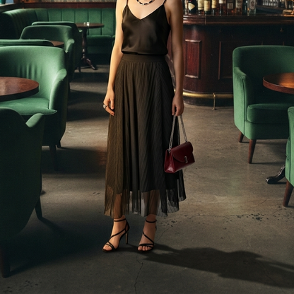 Women’s Black Mesh Pleated Midi Skirt