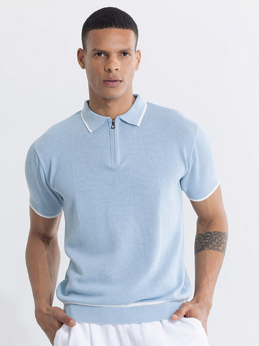 Blue Self Design Slim Fit Pure Cotton T-shirt