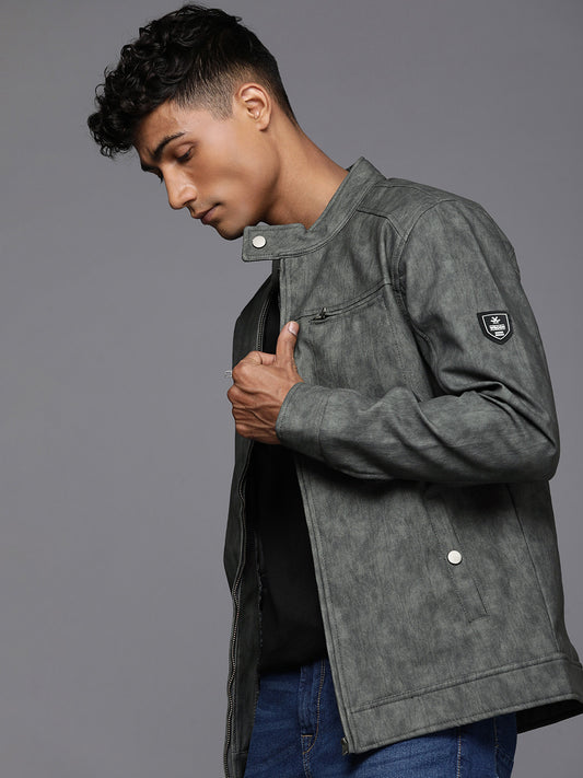 Solid Slim Fit Leather Jacket