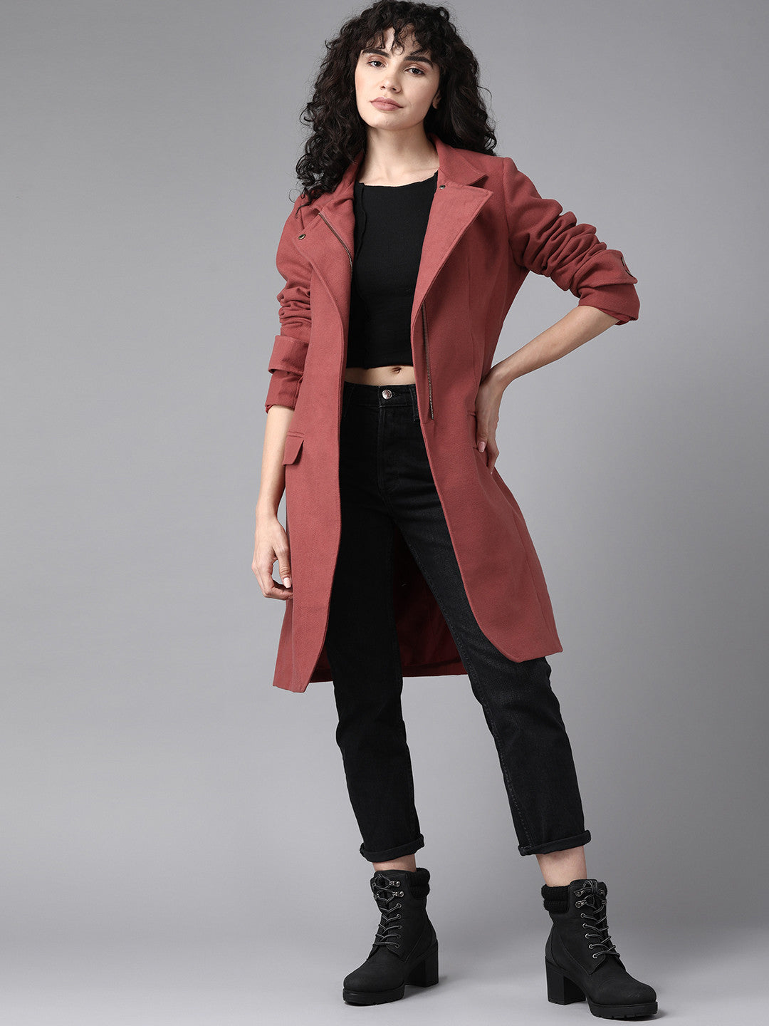 Women Rust Red Solid Longline Tailored Jacket