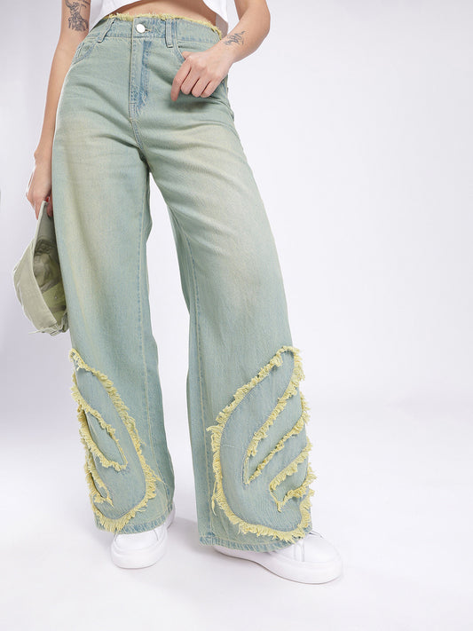 Women Frayed Detail Wide Leg High-Rise Heavy Fade Jeans