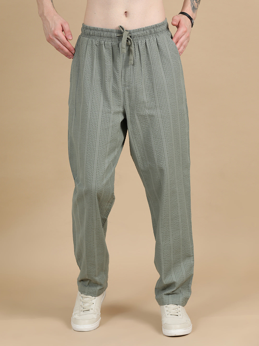 Men's Olive Green Loungewear Textured Seersucker Resort Jogger Trouser