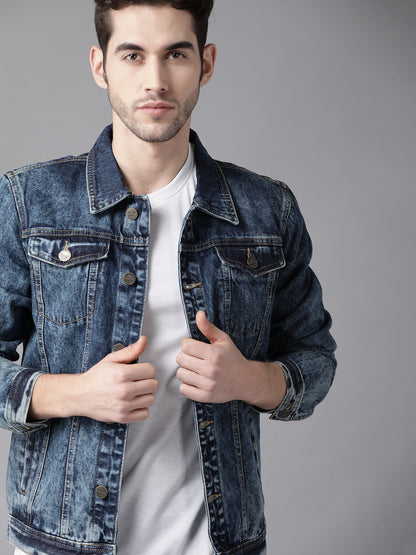 Men Navy Blue Washed Denim Jacket