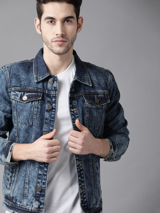 Men Navy Blue Washed Denim Jacket