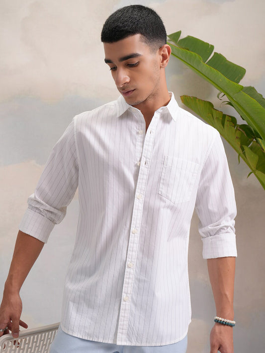 White Regular Fit Vertical Striped Casual Shirt