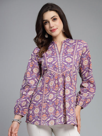 Ethnic Motifs Printed Mandarin Collar Pure Cotton Top