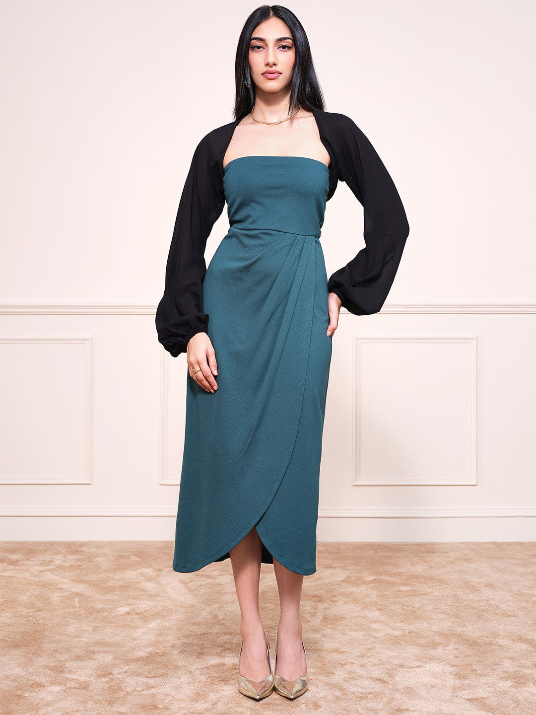 Open Front Long Cuffed Sleeves Crop Shrug