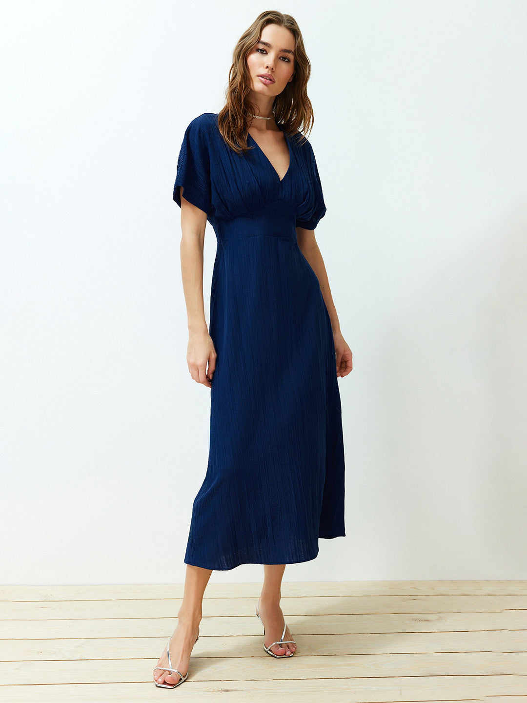 Trendyol Self Design V-Neck Pleated Midi Empire Dress