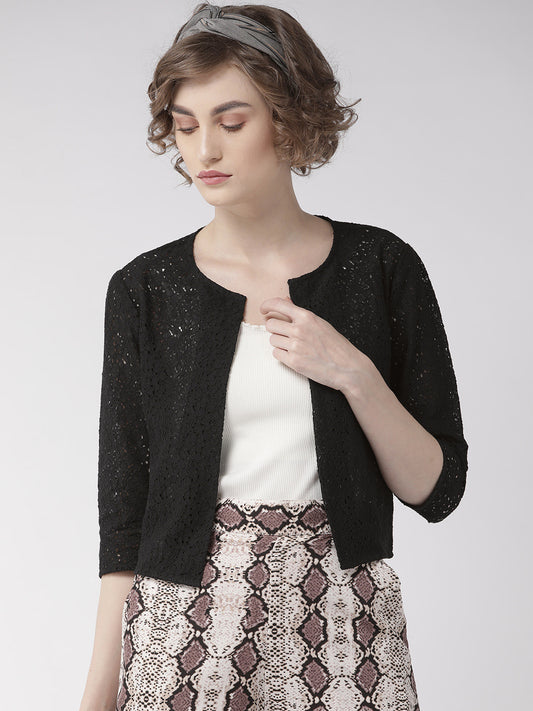 Women Black Self Design Open Front Crop Shrug