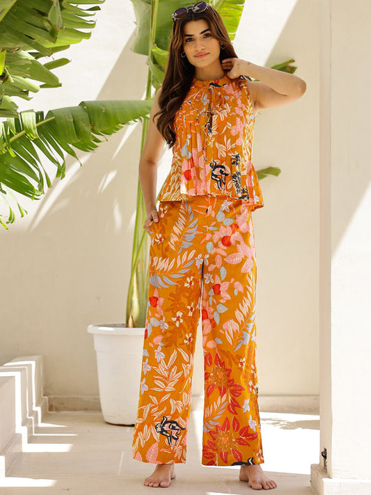 Printed Mandarin Collar Sleeveless Pure Cotton Top And Trouser Co-Ords