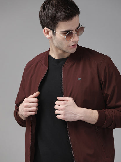 Men Maroon Solid Bomber Jacket