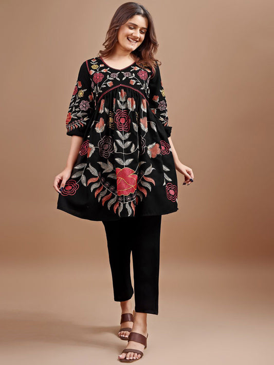 Floral Embroidered V-Neck Tunic With Trousers