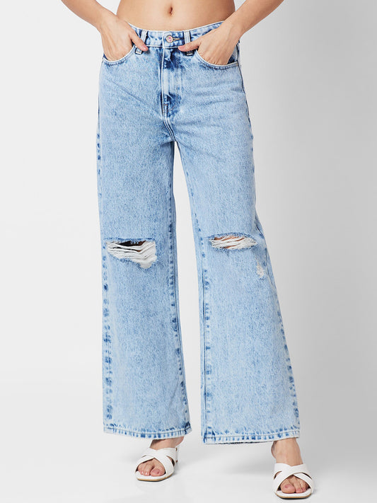 Women High-Rise Slash Knee Heavy Fade Stretchable Jeans