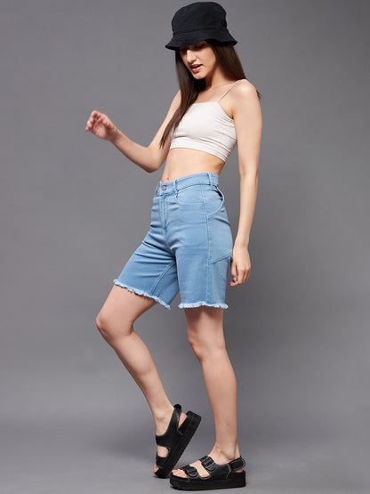 Women Blue Mid-Rise Frayed Denim Shorts
