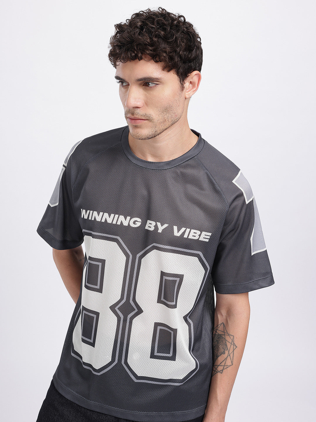 Typography Printed Raglan Sleeves T-shirt with Mesh Inserts