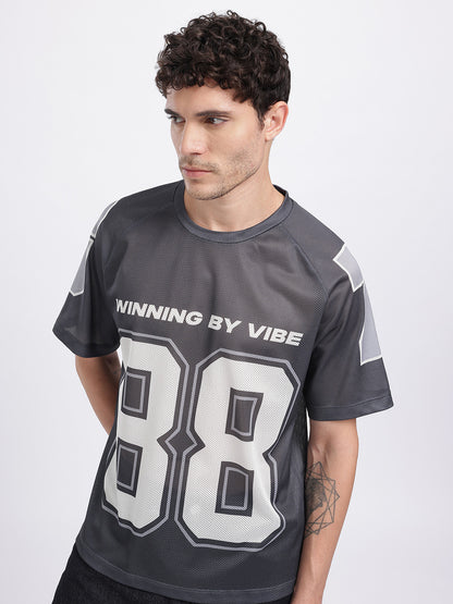 Typography Printed Raglan Sleeves T-shirt with Mesh Inserts