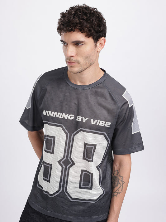 Typography Printed Raglan Sleeves T-shirt with Mesh Inserts