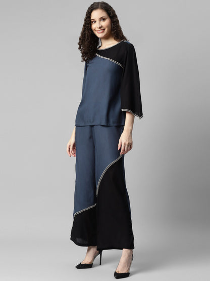 Colourblocked Round Neck Top With Trousers