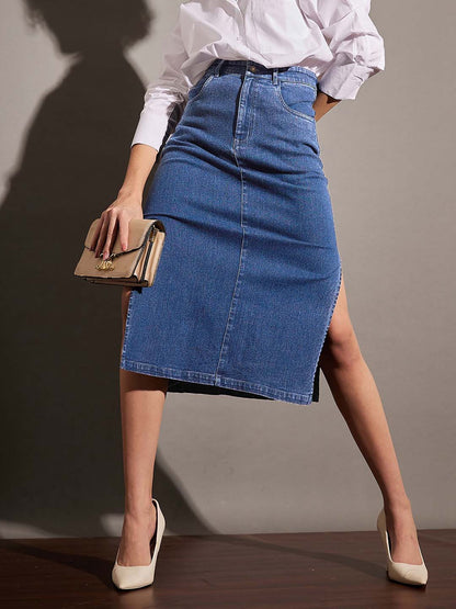 Blue Side Slit A-Line Midi Skirt
