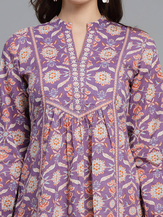 Ethnic Motifs Printed Mandarin Collar Pure Cotton Top