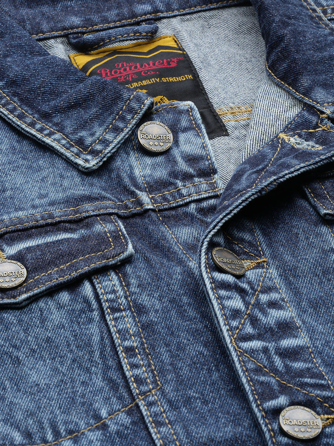 Men Navy Blue Washed Denim Jacket