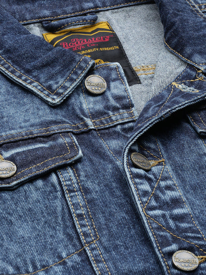 Men Navy Blue Washed Denim Jacket