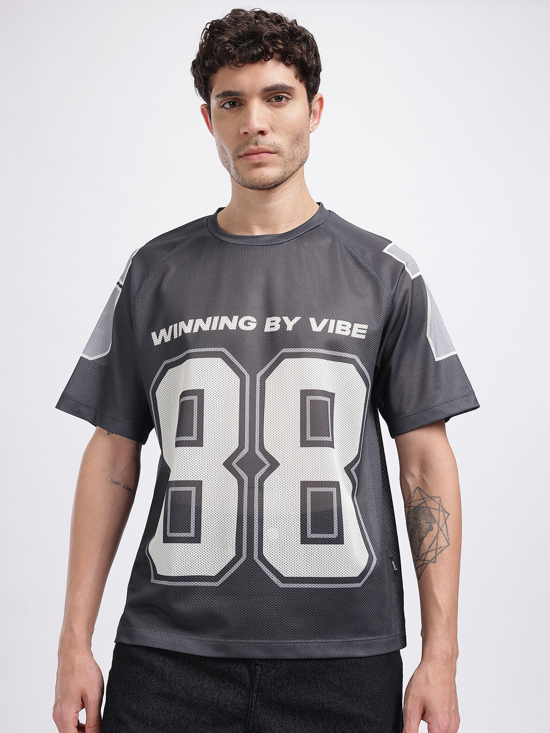Typography Printed Raglan Sleeves T-shirt with Mesh Inserts
