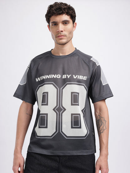 Typography Printed Raglan Sleeves T-shirt with Mesh Inserts