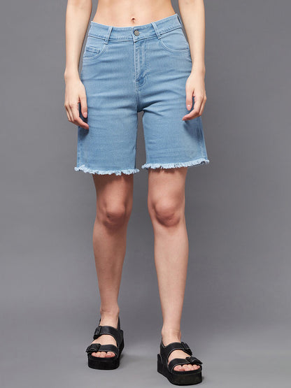 Women Blue Mid-Rise Frayed Denim Shorts