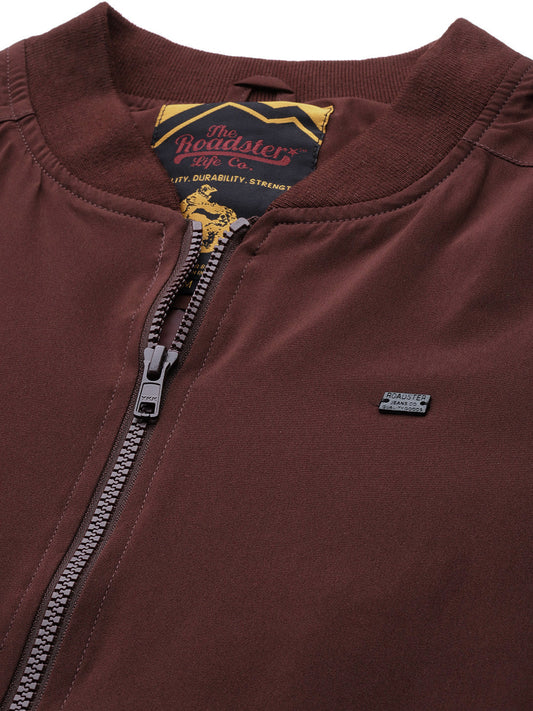 Men Maroon Solid Bomber Jacket