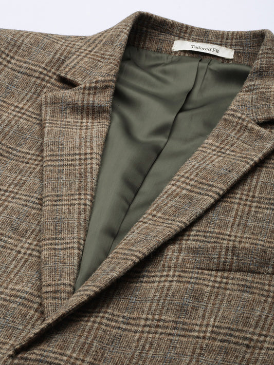 Mr. Bowerbird Men Brown Tailored-Fit Tartan Checked Single Breasted Casual Blazer