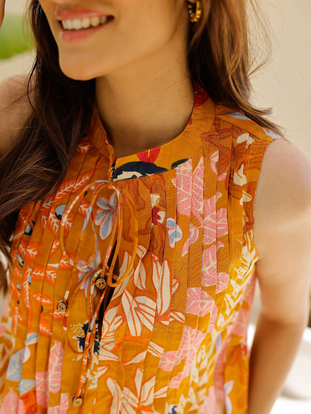 Printed Mandarin Collar Sleeveless Pure Cotton Top And Trouser Co-Ords