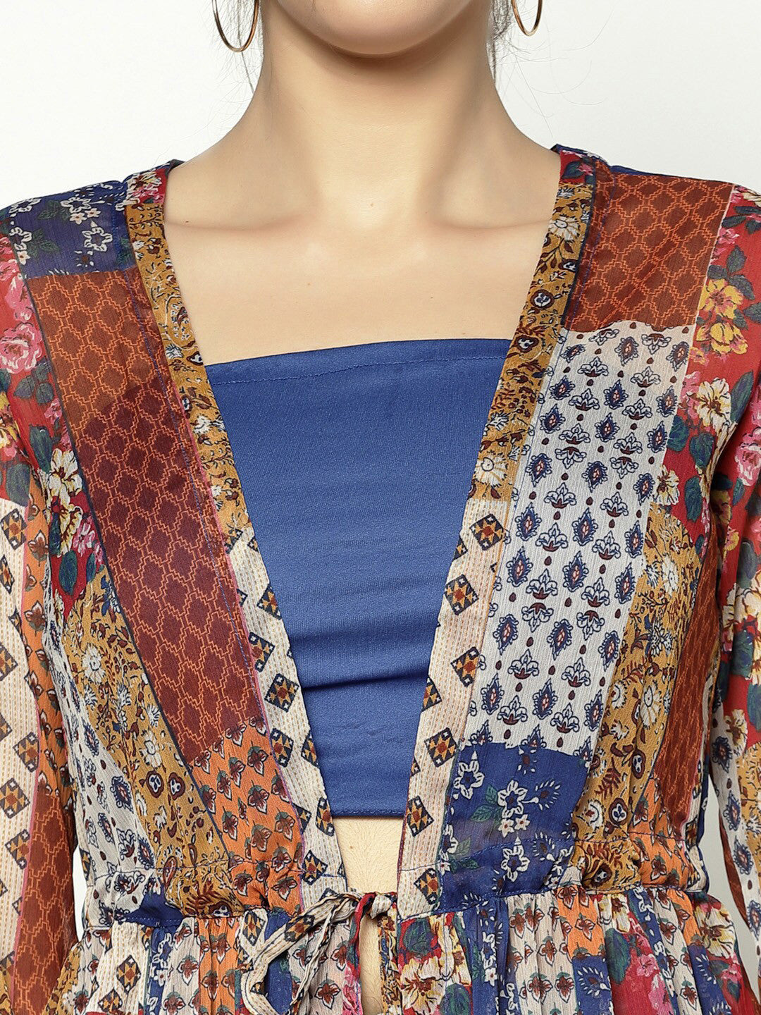 Women Multicolored Printed Tie-Up Shrug