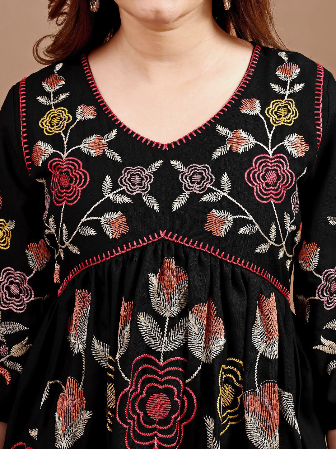 Floral Embroidered V-Neck Tunic With Trousers