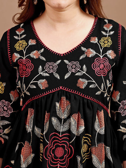 Floral Embroidered V-Neck Tunic With Trousers