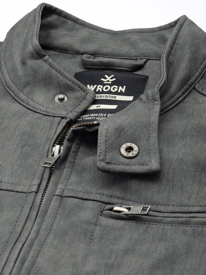 Solid Slim Fit Leather Jacket