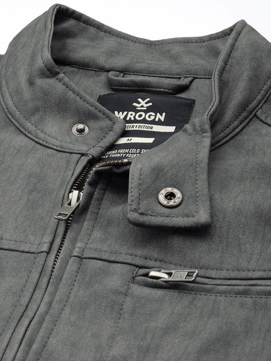 Solid Slim Fit Leather Jacket