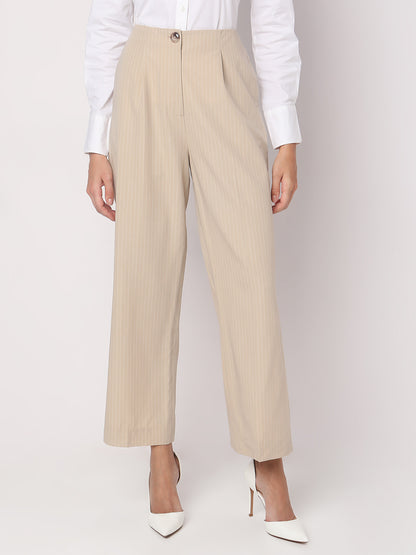 Women Striped Straight Fit High-Rise Pleated Trousers
