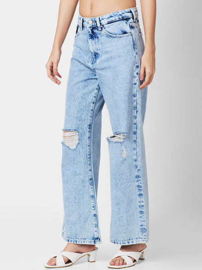 Women High-Rise Slash Knee Heavy Fade Stretchable Jeans